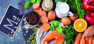 various fruits, vegetables, nuts and meats with a chalkboard with Mg written on it