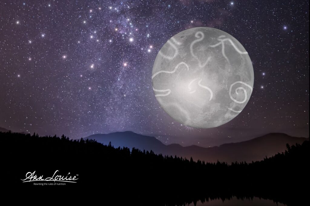 Parasitic worms overlaying a full moon in the night sky