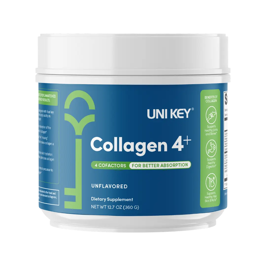 UNI KEY Collagen 4+ powder container — 4 cofactors for better absorption, unflavored, 12.7 oz