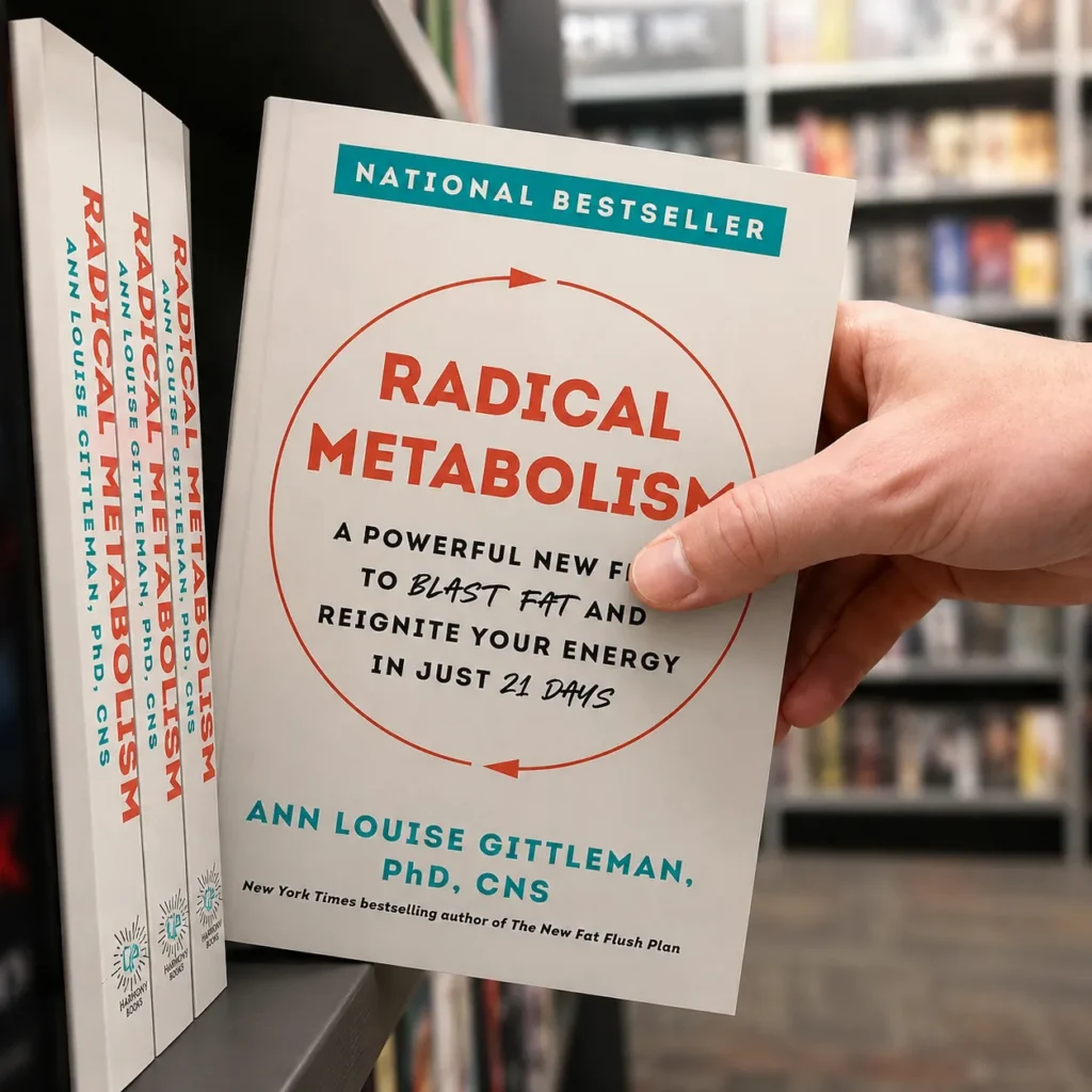 Close-up of a person’s hand holding the book 'Radical Metabolism' on a bookstore shelf.
