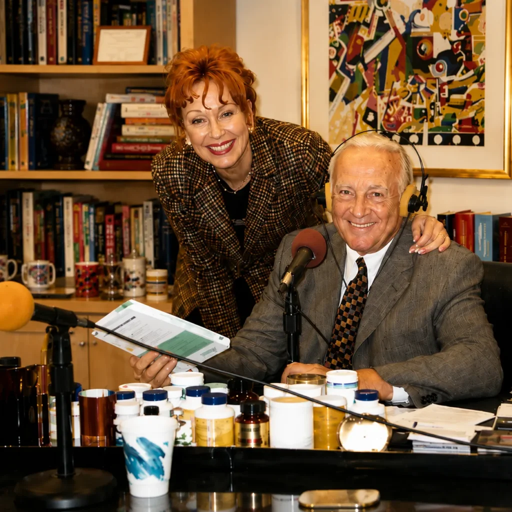 Man in a gray suit wearing yellow headphones speaks into a microphone at a radio desk, smiling, with a woman in a checkered blazer leaning beside him in a studio.