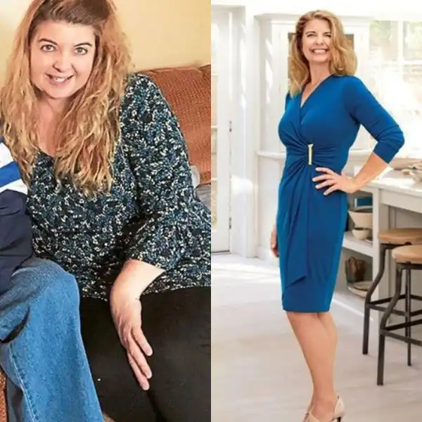 Side-by-side images of a woman: left in a floral blouse on a couch, right in a blue dress standing in a bright kitchen area.